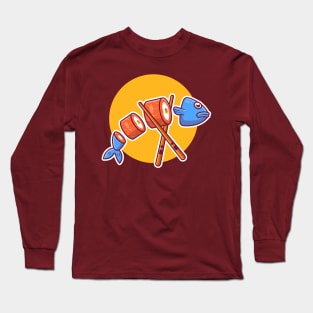 Salmon Fish Sushi With Chopstick Cartoon Long Sleeve T-Shirt